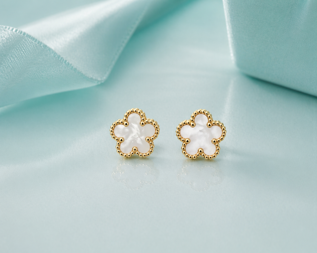 Elegant Clover Studs, Floral Clover Stud Earrings, White Clover Stud Earrings