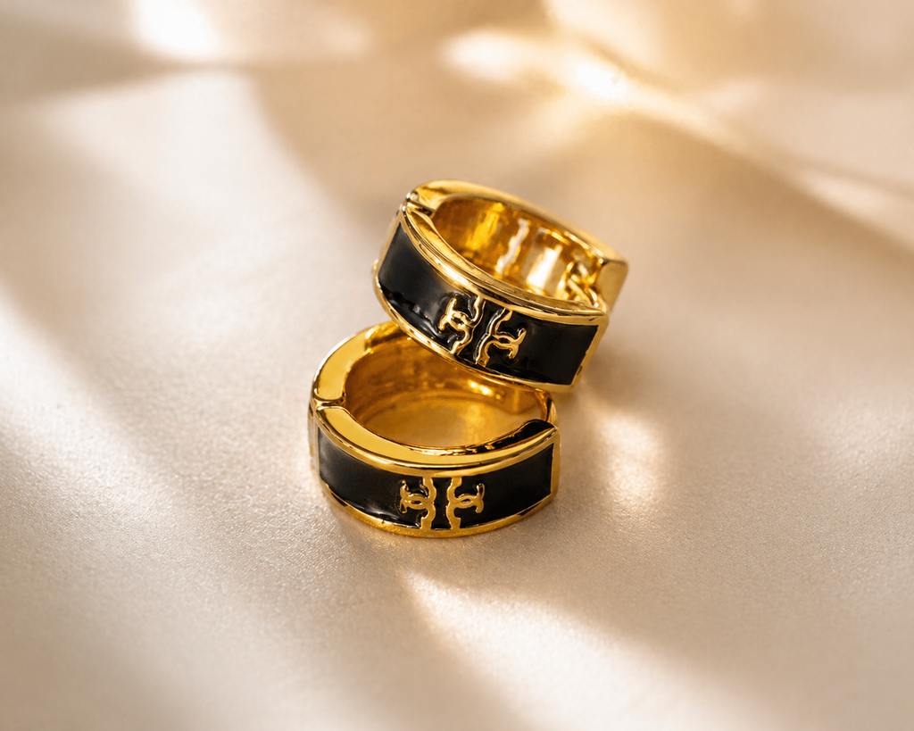 Gold & Black Enamel Hoop Earrings, Elegant Black Enamel Gold Hoops, Minimalist Gold Hoops with Black Accent