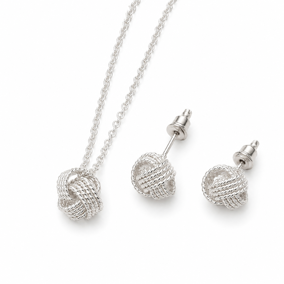 Sterling Silver Knot Jewelry Set – Necklace & Stud Earrings,