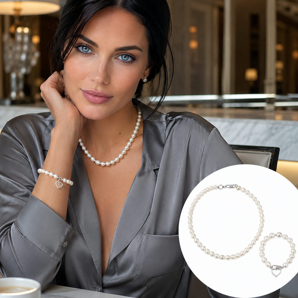 Real Pearl Jewelry Set – Necklace & Heart Charm Bracelet, Real Pearls Necklace