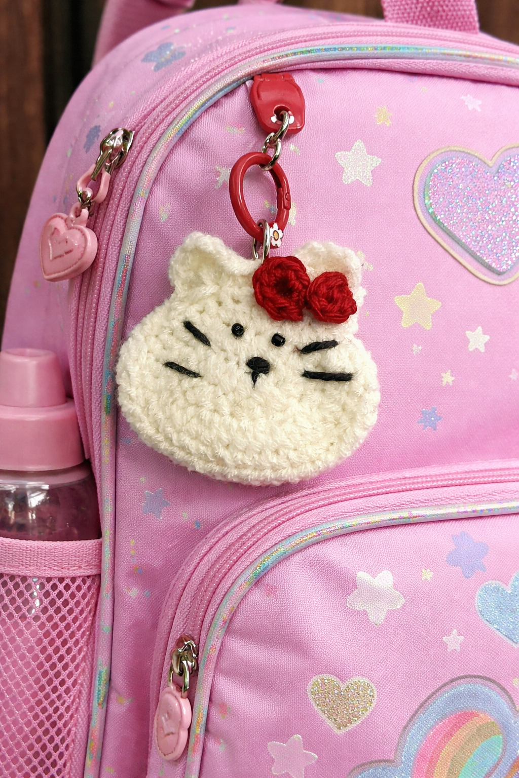 Cute Backpack Keychain, Adorable Handmade Bag Accessory, Cat Keychain with Red Bow.