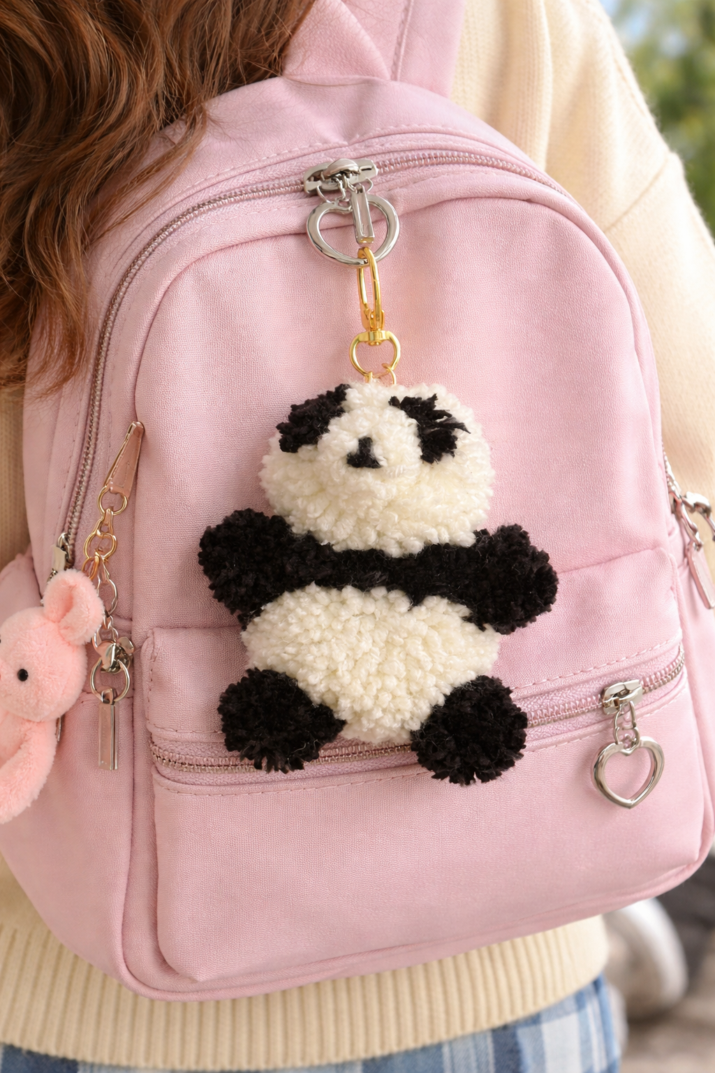 Panda Pom-Pom Keychain, Cute Panda Bag Charm, Panda Yarn Keychain