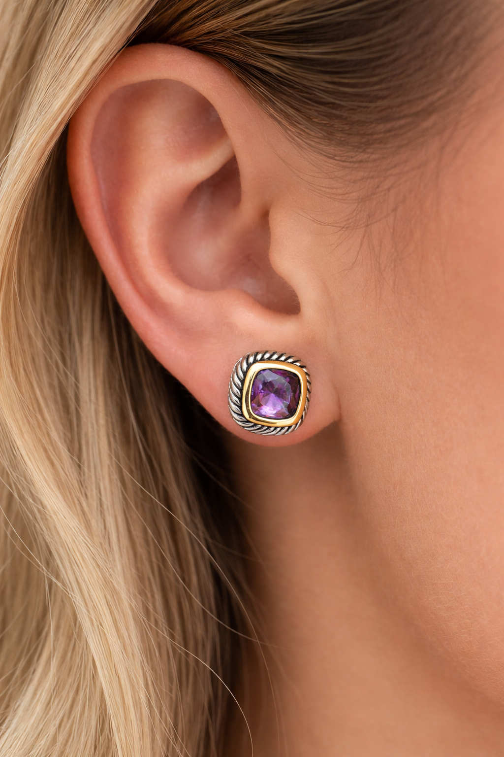 Two-Tone Amethyst Studs, Classic Amethyst Stud Earrings, Vintage Style Amethyst Studs