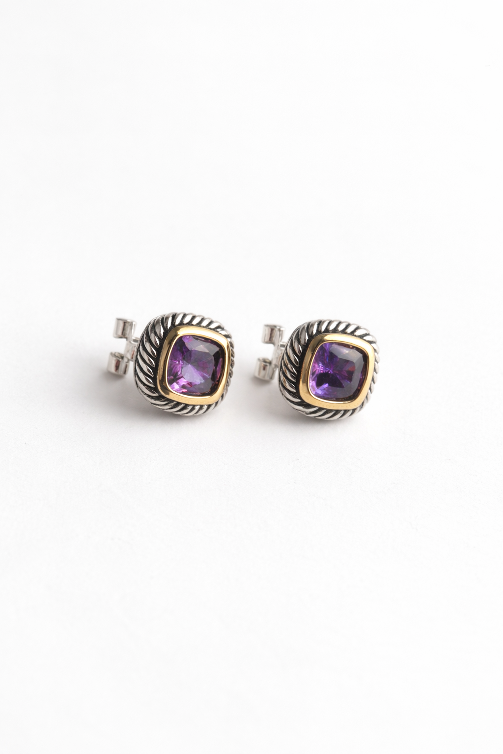 Two-Tone Amethyst Studs, Classic Amethyst Stud Earrings, Vintage Style Amethyst Studs