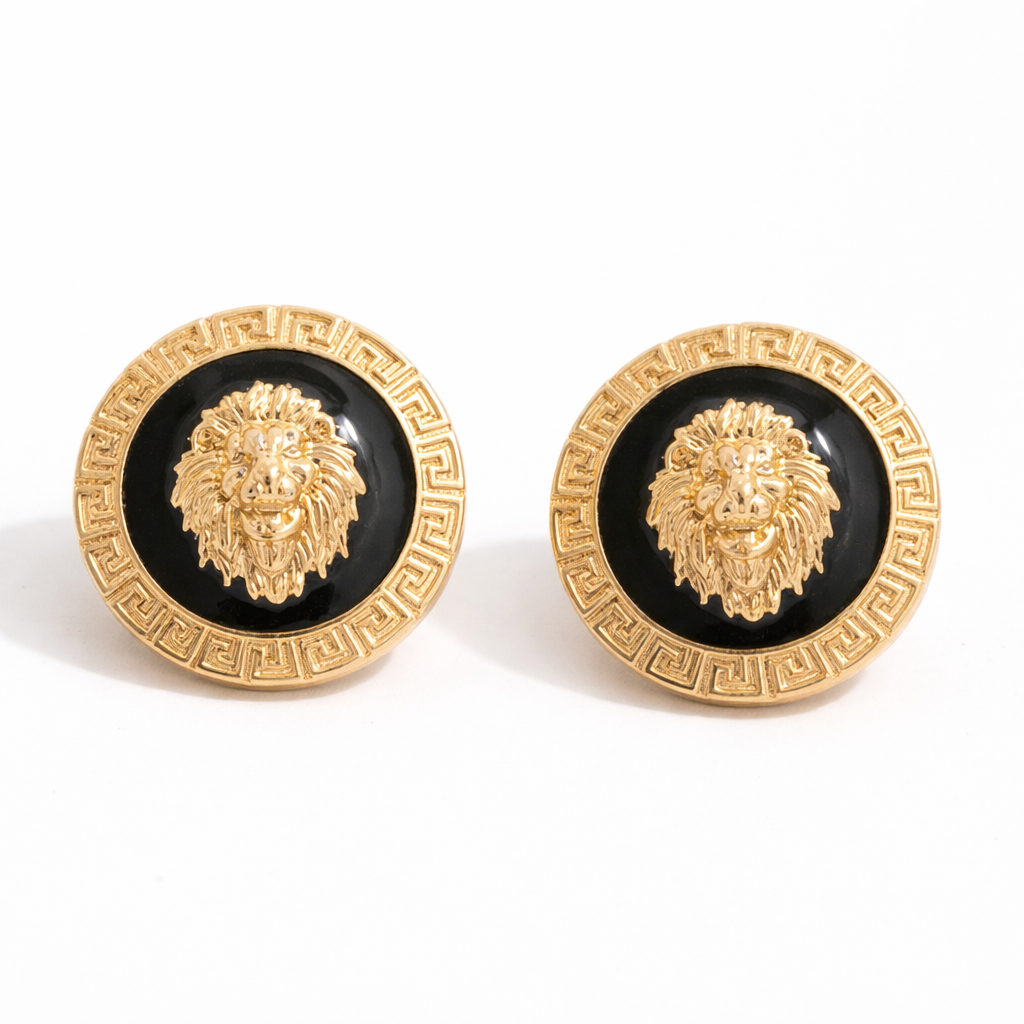 Classic Medallion Stud Earrings, Vintage Style Head Earrings, Black and Gold Lion Head Statement Earrings