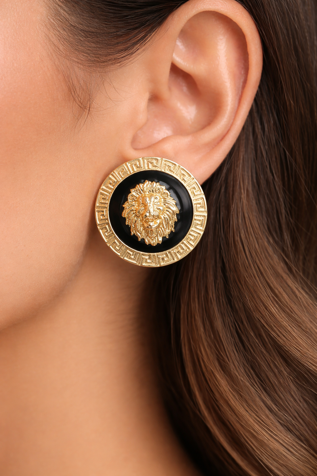 Classic Medallion Stud Earrings, Vintage Style Head Earrings, Black and Gold Lion Head Statement Earrings