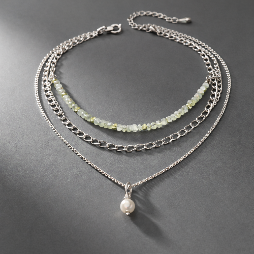 Modern Quartz Layer Necklace, Delicate Pearl Drop and light green quartz Necklace.