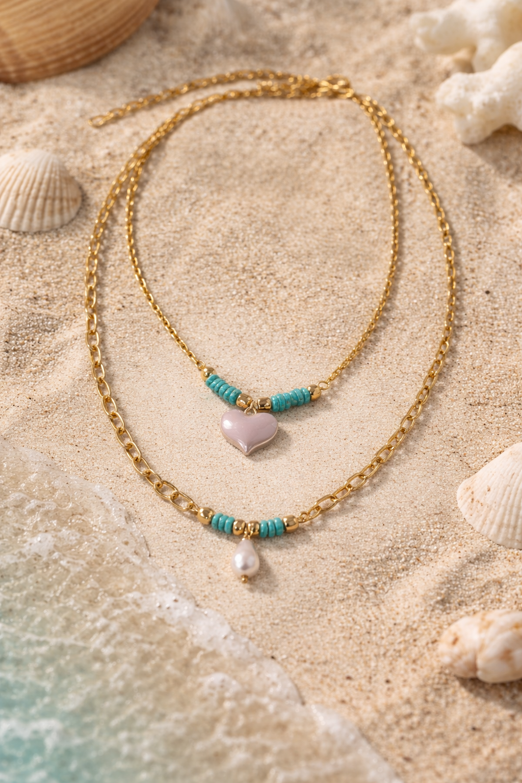 Elegant Turquoise Pearl Necklace, Modern Gold Turquoise Necklace, Delicate Heart Charm Necklace.