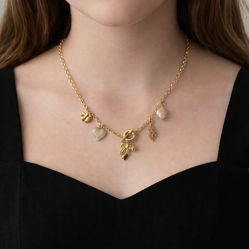 Gold Pearl Charm Office Necklace, Elegant Gold Charm Necklace, Minimalist Office Gold Necklace