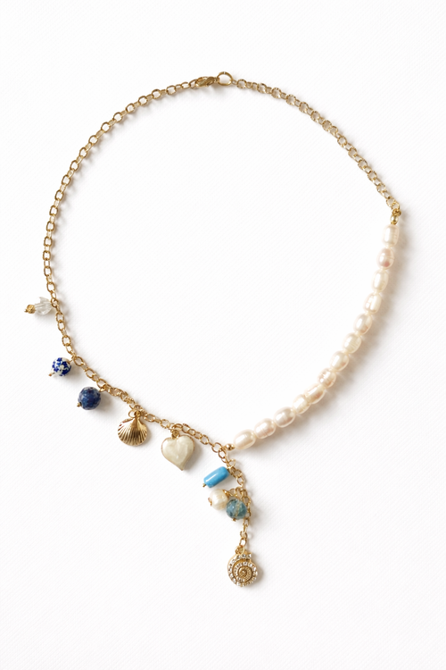 Beach Blue Pearl Necklace, Pearl & Chain Charm Necklace, Summer Charm Pearl Necklace
