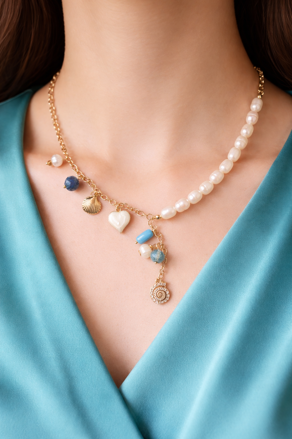 Beach Blue Pearl Necklace, Pearl & Chain Charm Necklace, Summer Charm Pearl Necklace