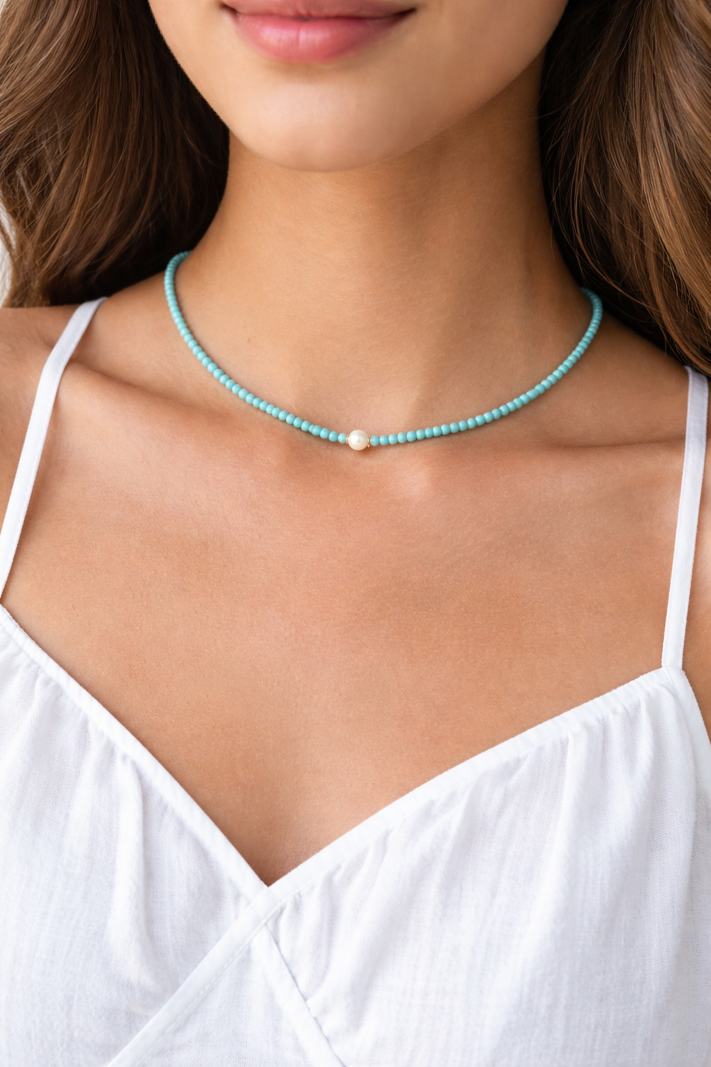 Summer Breeze Bead Necklace, Turquoise Pearl Accent Choke, Turquoise Summer Necklace