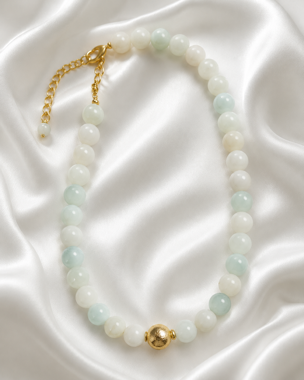 Natural White & Aqua Real Agate Necklace | 10 mm | 18" Gold Accent