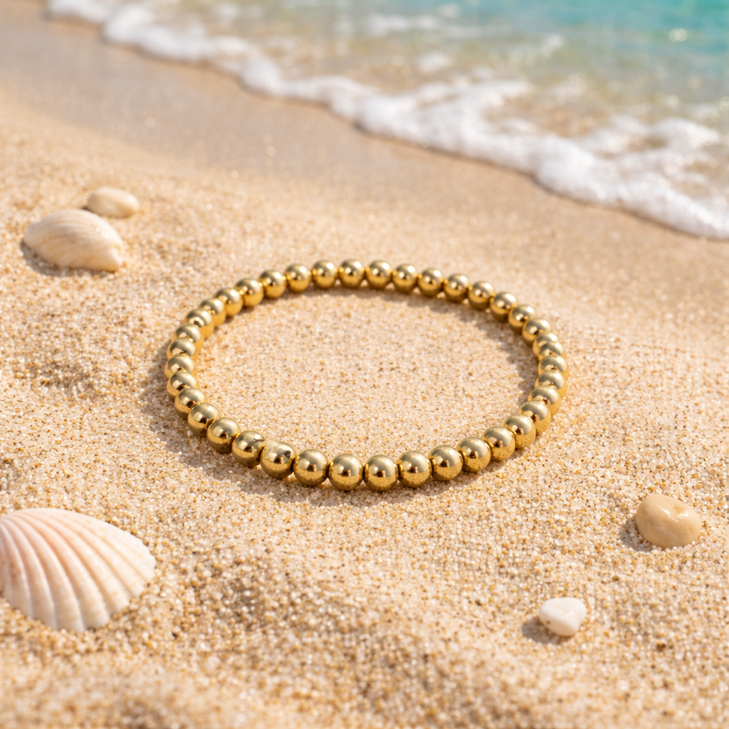 Gold Beaded Beach Bracelet, Waterproof Stretch Bracelet, Minimalist Gold Bangle