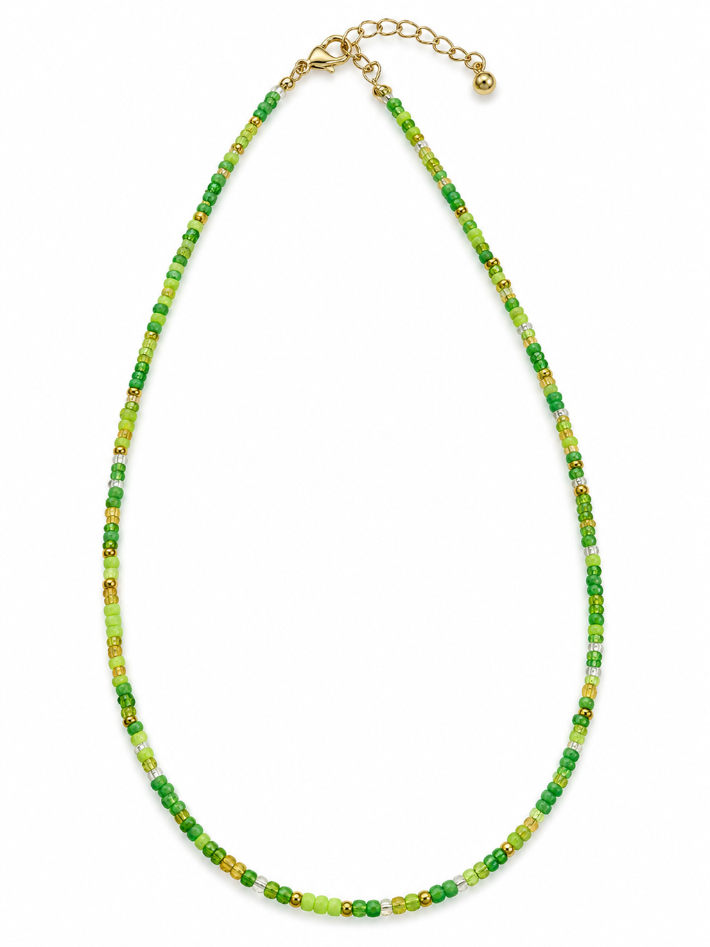 Green Beaded Necklace, Delicate Green and Gold Bead Necklace,