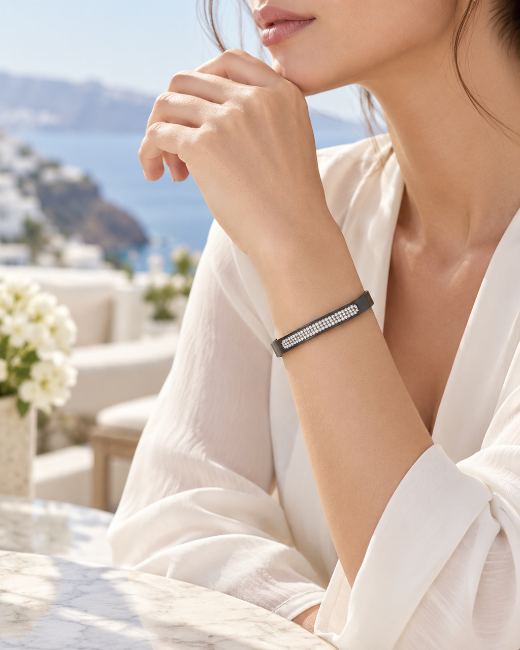 Luxury Black Stainless Steel Zircon Bracelet, Black Stainless Steel Bangle with Mother-of-Pearl & Zircons