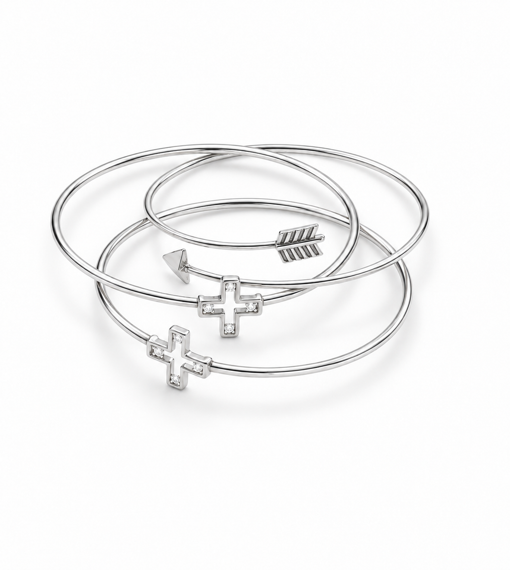 Sterling Silver Cross & Arrow Bracelet Trio, Three-Piece Sterling Silver Bangle Set