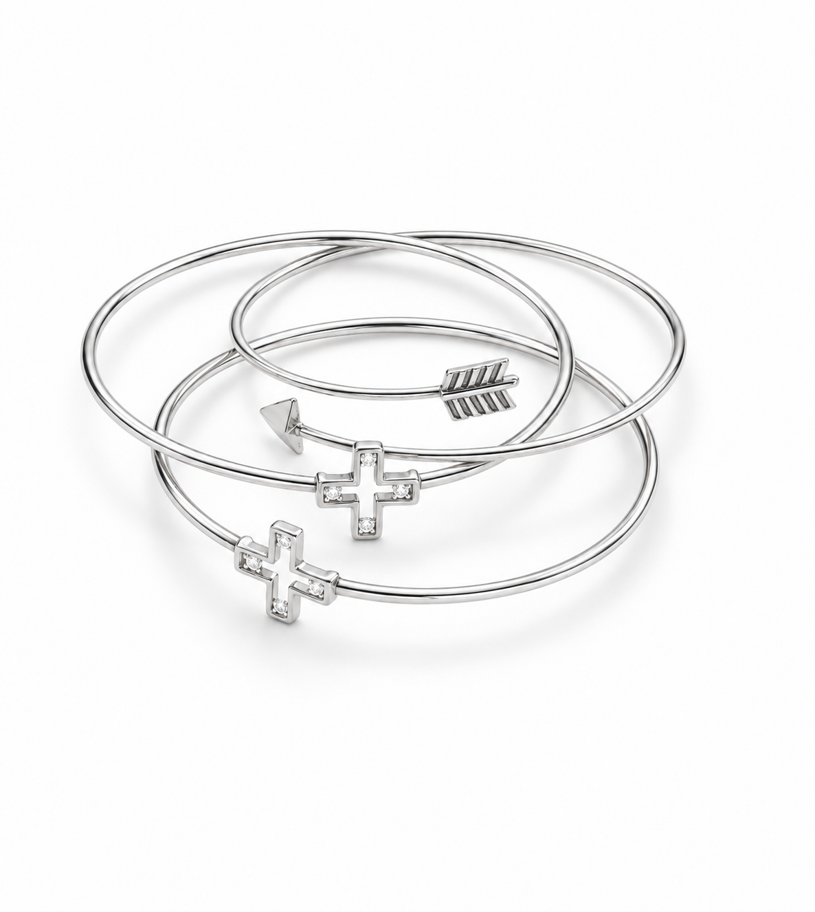 Sterling Silver Cross & Arrow Bracelet Trio, Three-Piece Sterling Silver Bangle Set