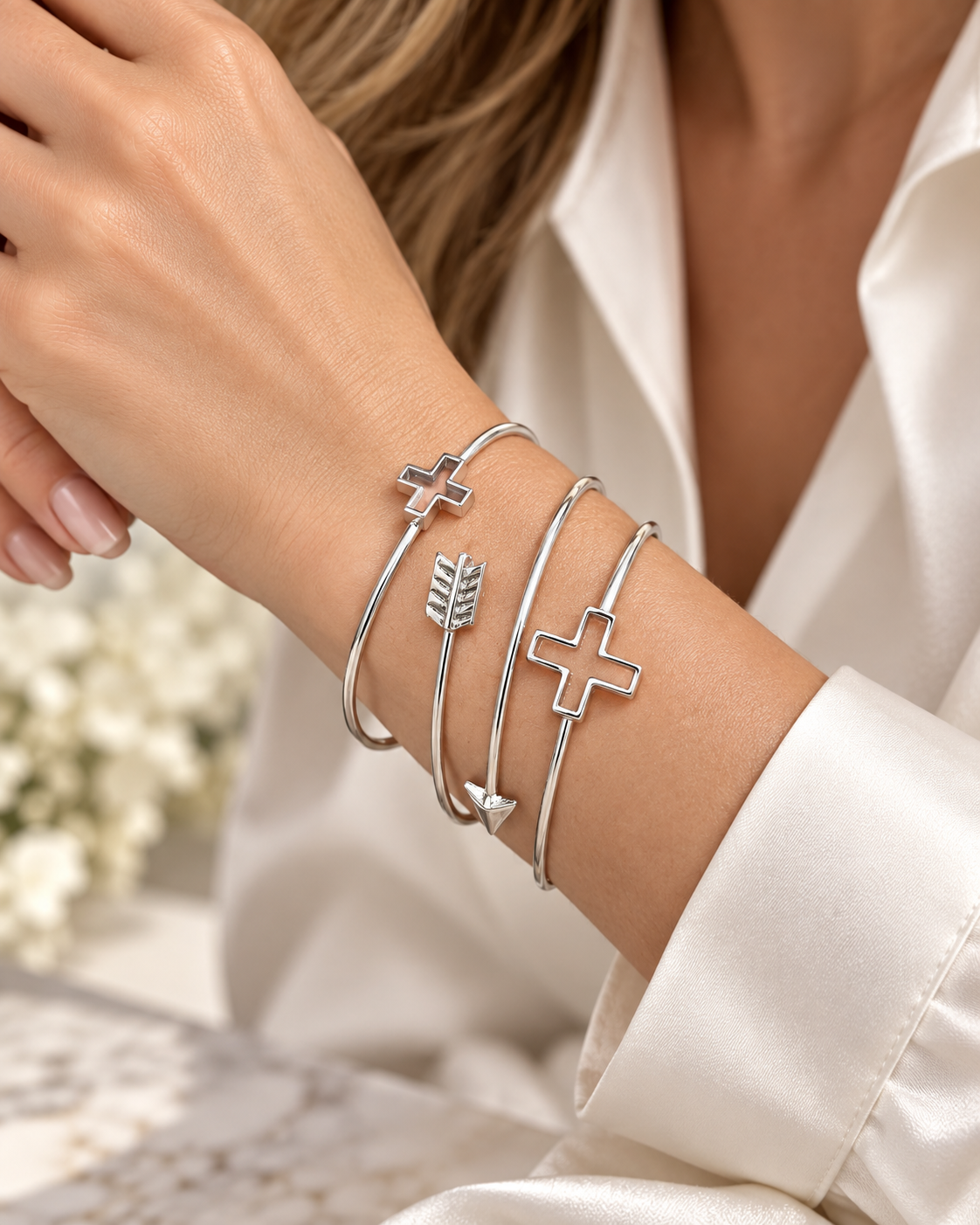 Sterling Silver Cross & Arrow Bracelet Trio, Three-Piece Sterling Silver Bangle Set