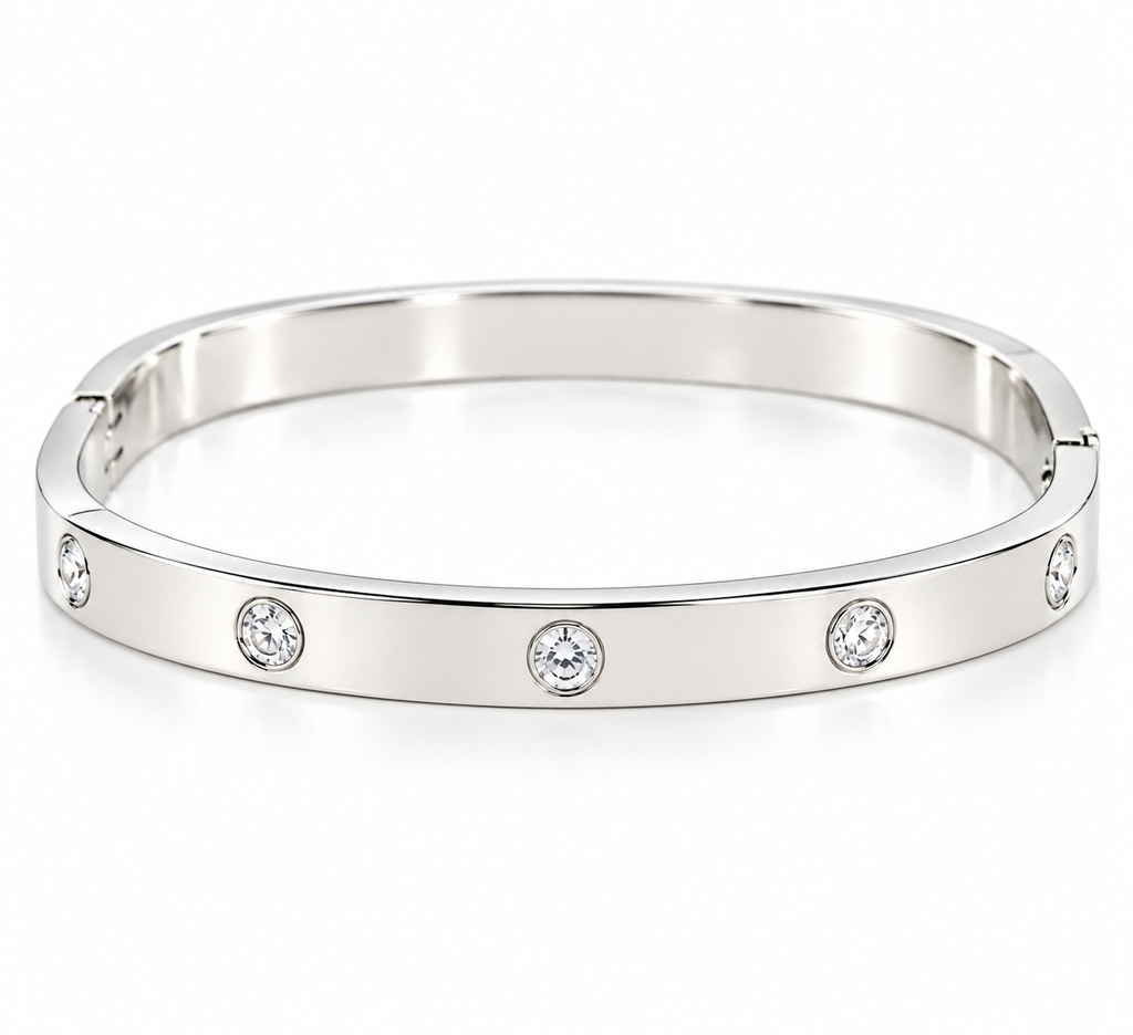 Sterling Silver Zircon Bangle Bracelet, Sterling Silver Bangle with Clear Zircons.