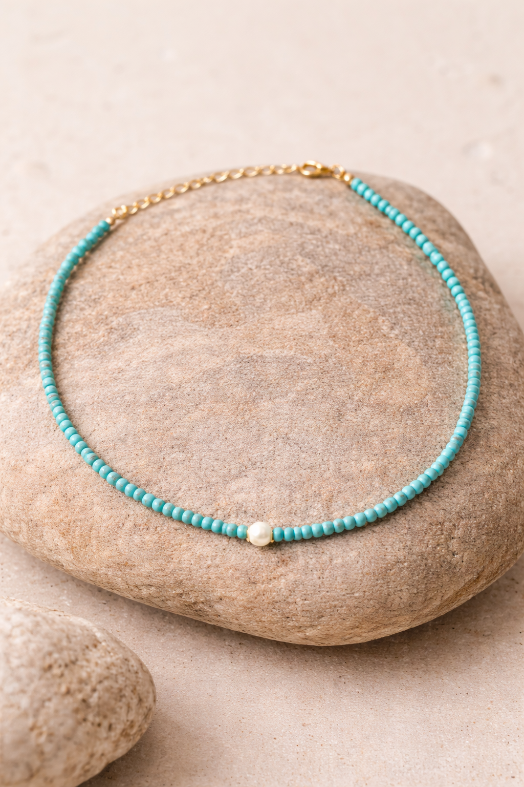 Summer Breeze Bead Necklace, Turquoise Pearl Accent Choke, Turquoise Summer Necklace