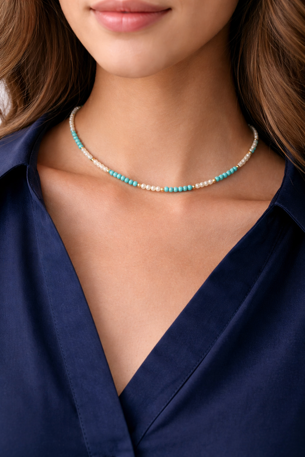 Turquoise Beaded Necklace, Dainty Beaded Necklace, Minimal Pearl Necklace