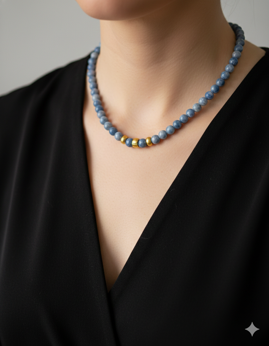 Gemstone Beaded Necklace, boho-luxury Istanbul Blue Chalcedony Necklace