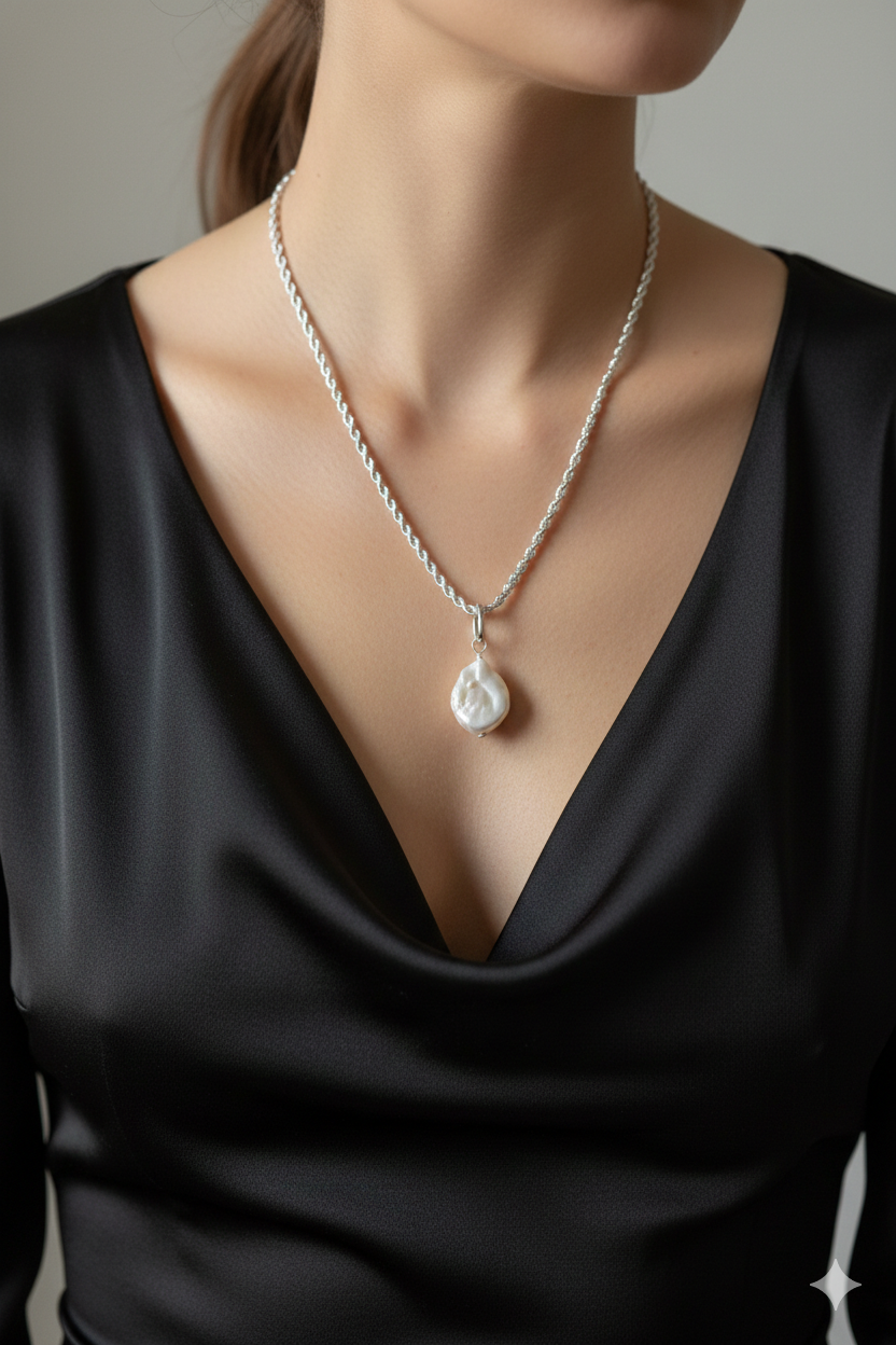 Luxury Coin Pearl Necklace, Minimal Pearl Statement Necklace, Sterling Rope & Pearl Necklace