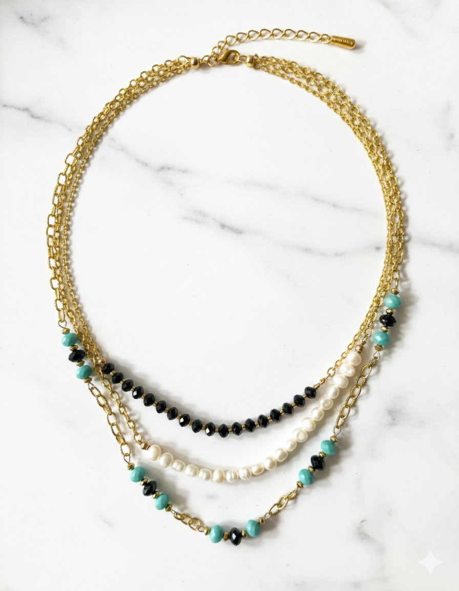 Multi-Strand Gold Chain Statement Necklace, Artisanal Multi-Texture Necklace in Gold and Natural Stone