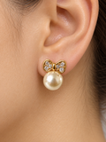 Gold-Tone Pearl Bow Earrings, Pearl & Zirconia Bow Studs, Golden Bow Pearl Earrings