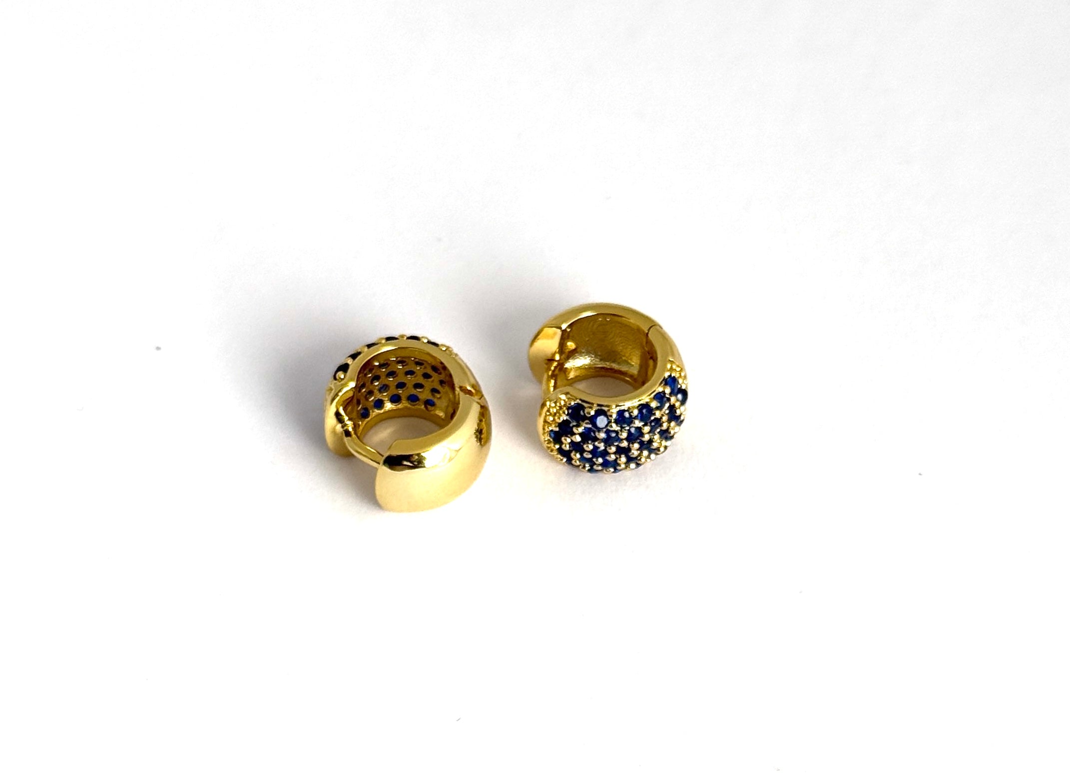 Gold Pave Blue Earrings, Modern Gold Blue Stud Hoops, Chic Sapphire Huggies