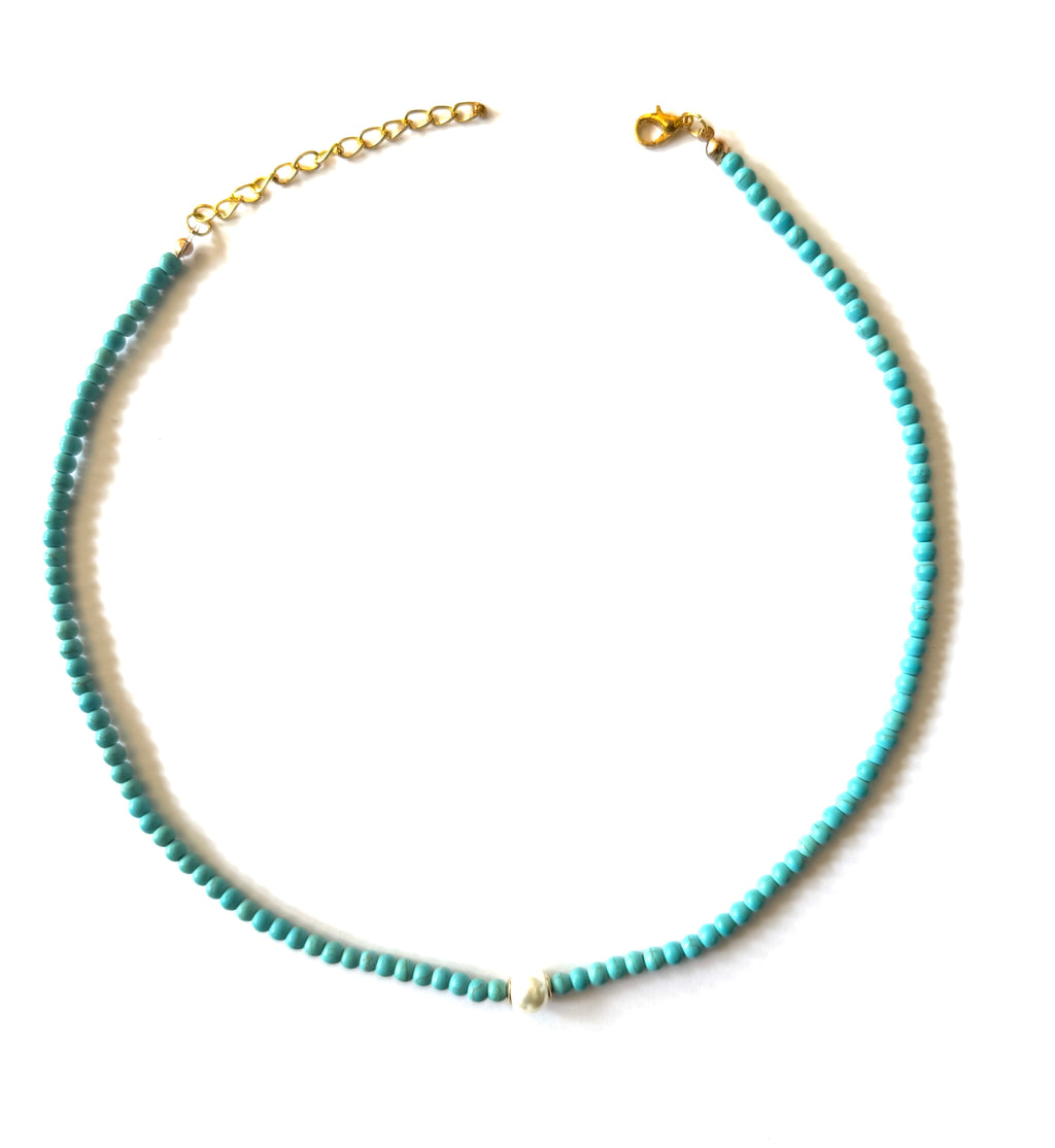 Summer Breeze Bead Necklace, Turquoise Pearl Accent Choke, Turquoise Summer Necklace