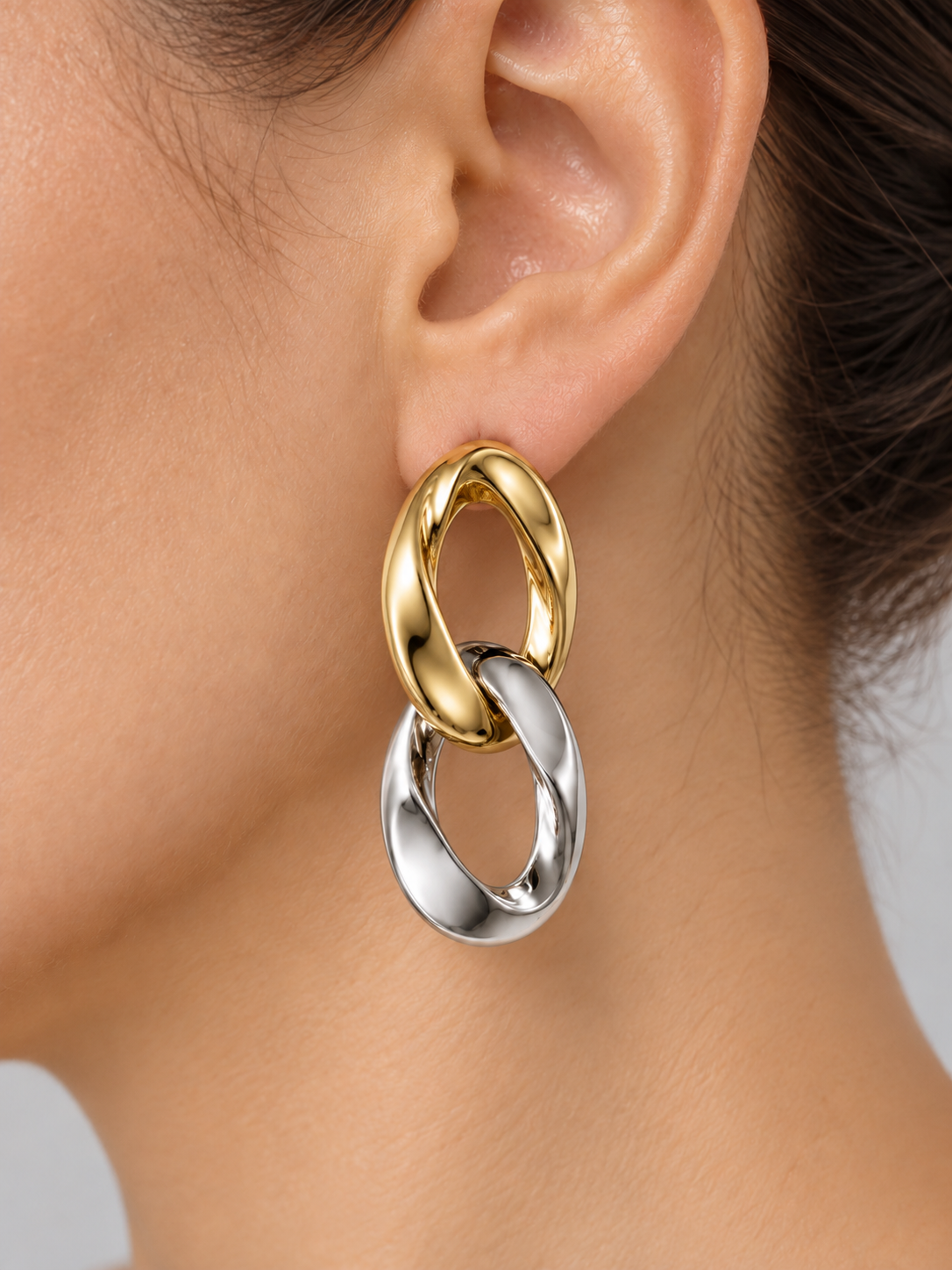 Two-Tone Geometric Drop Earrings, Gold & Silver Interlocking Earrings, Two-Tone Oval Link Earrings