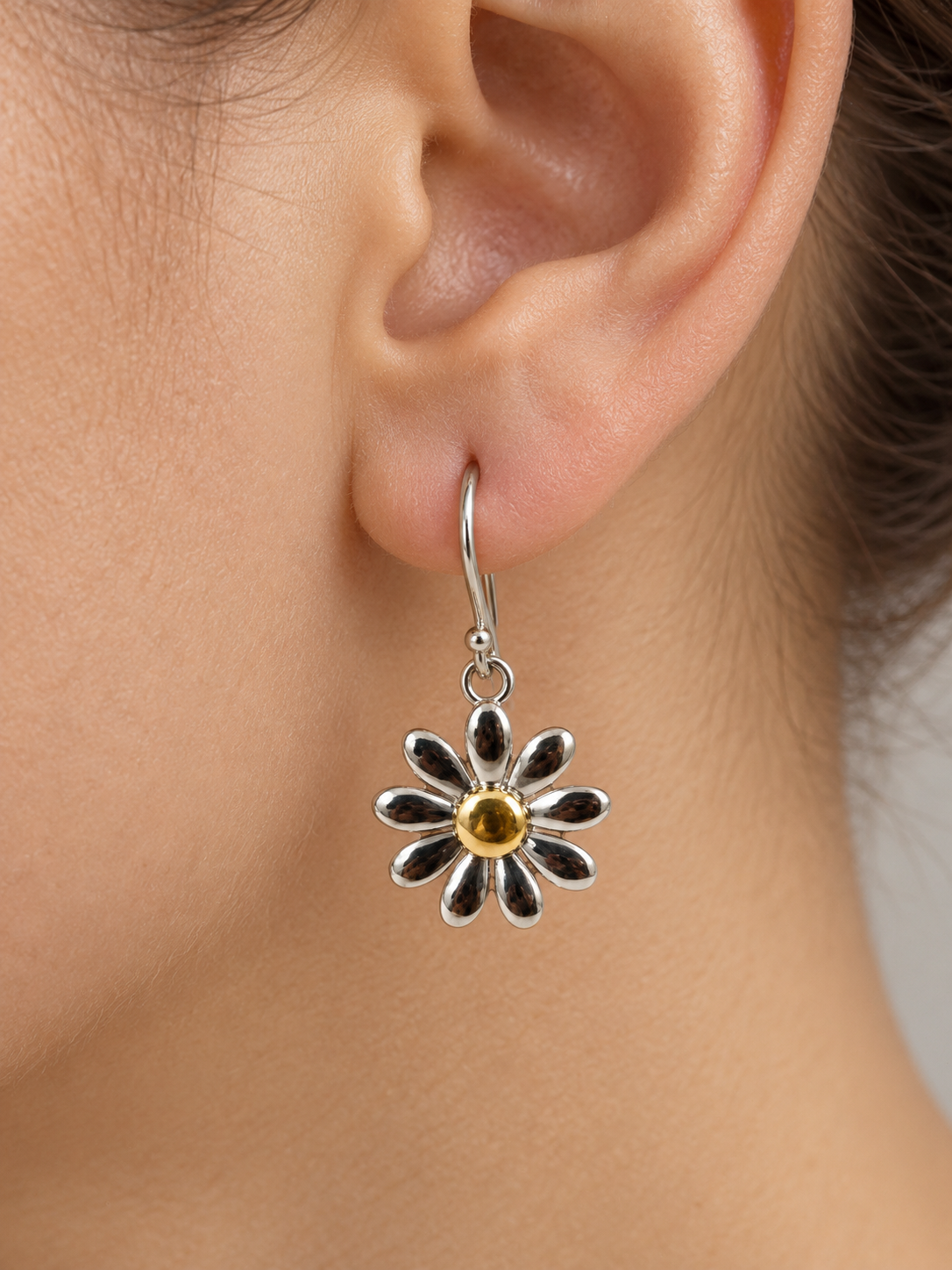 Sterling Silver Daisy Earrings, Silver Daisy Drops with Gold Center, Two-Tone Sterling Silver Flower Earrings
