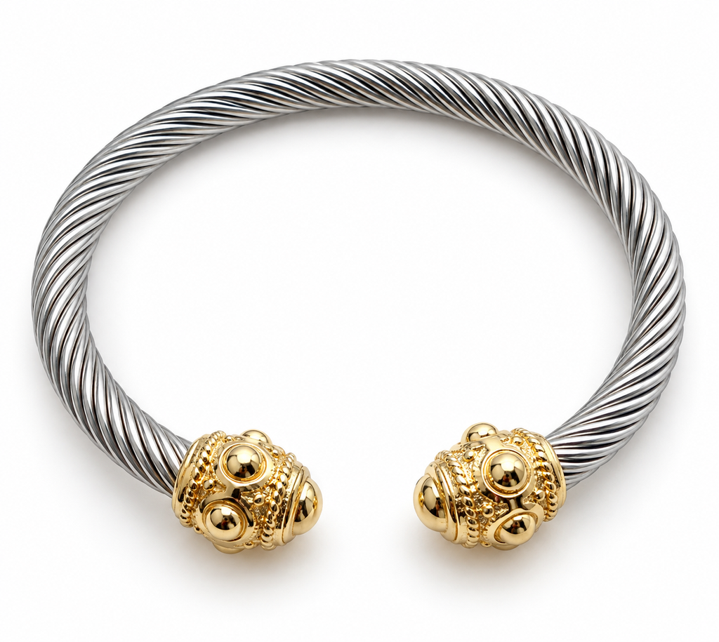 Two-Tone Twisted Cable Cuff Bracelet, Silver & Gold Tone Cable Cuff Bracelet, Elegant Twisted Cable Bracelet with Gold Accents