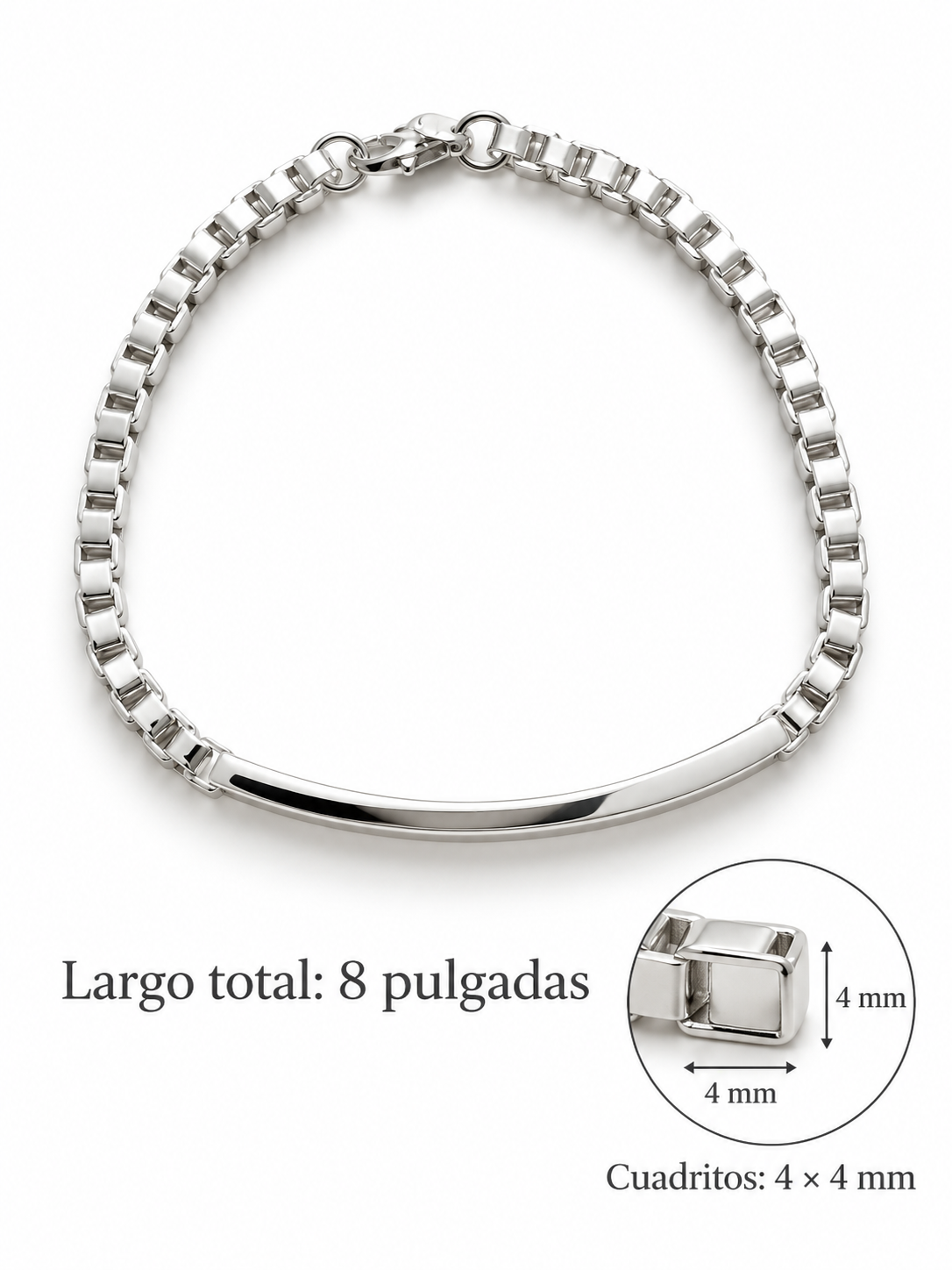 Men’s Sterling Silver Square Link Bracelet – 8”, Men’s Sterling Silver ID Bar Bracelet – 4 × 4 mm Links