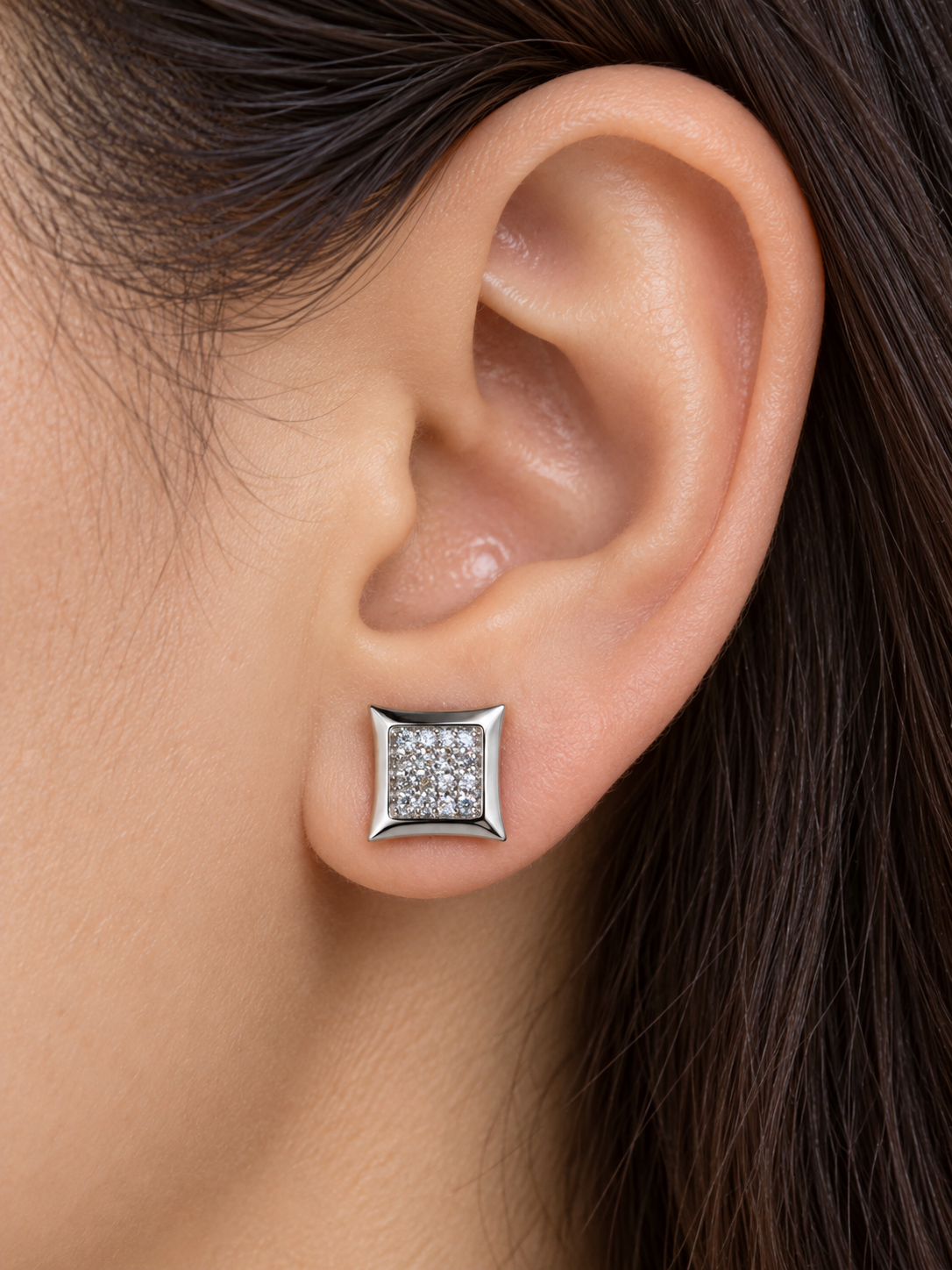 Sterling Silver Square Studs, Sterling Silver Zirconia Earrings, Square Pavé Silver Studs