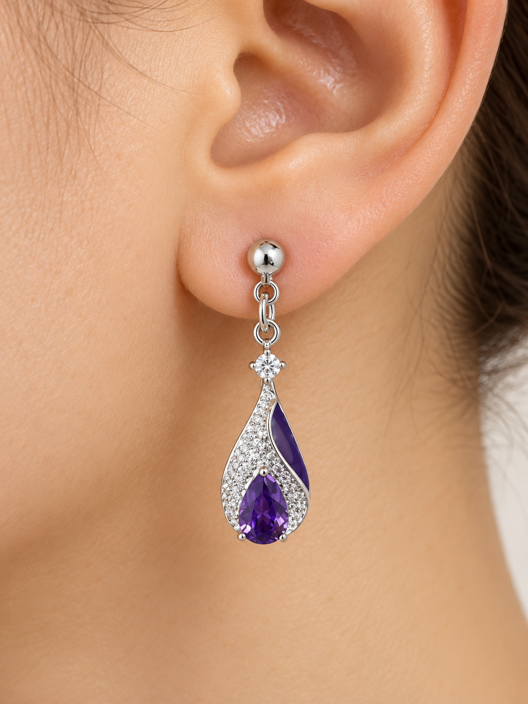 Amethyst Crystal Drop Earrings, Purple Crystal & Zirconia Earrings, Amethyst Crystal Teardrop Earrings