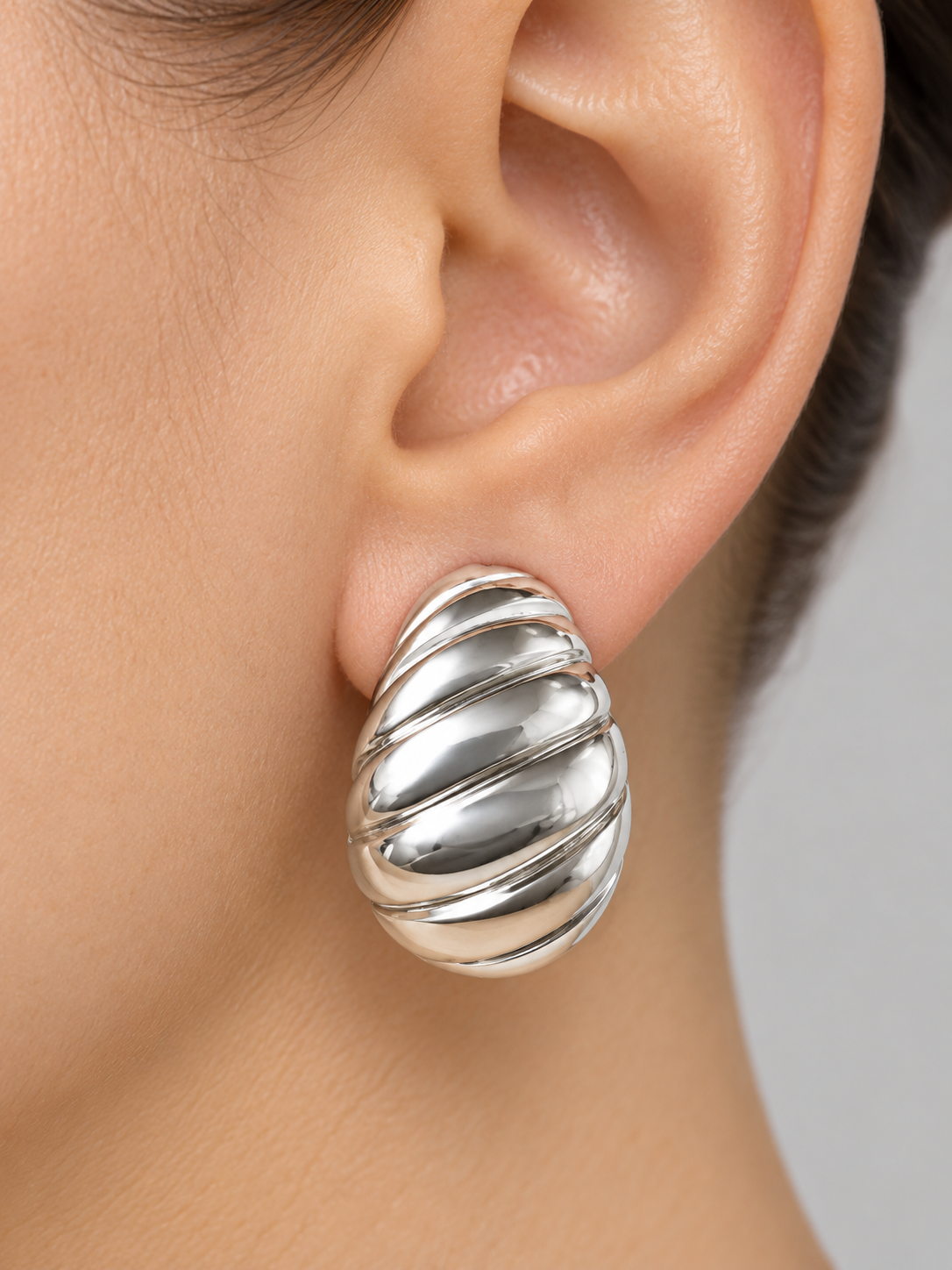 Silver-Plated Geometric Earrings, Sculpted Silver-Plated Studs, Silver-Plated Ribbed Oval Earrings