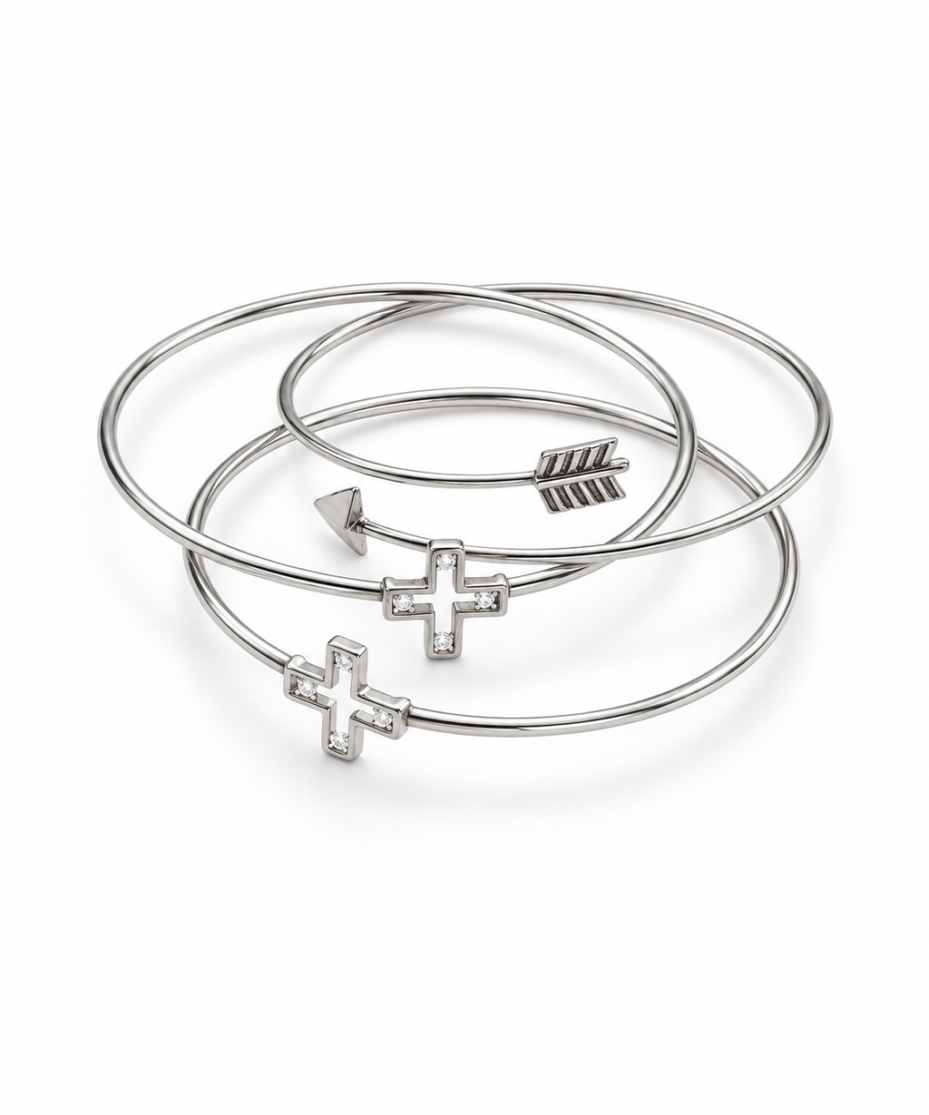 Sterling Silver Cross & Arrow Bracelet Trio, Three-Piece Sterling Silver Bangle Set, Sterling Silver Cross and Arrow Stackable Bracelets