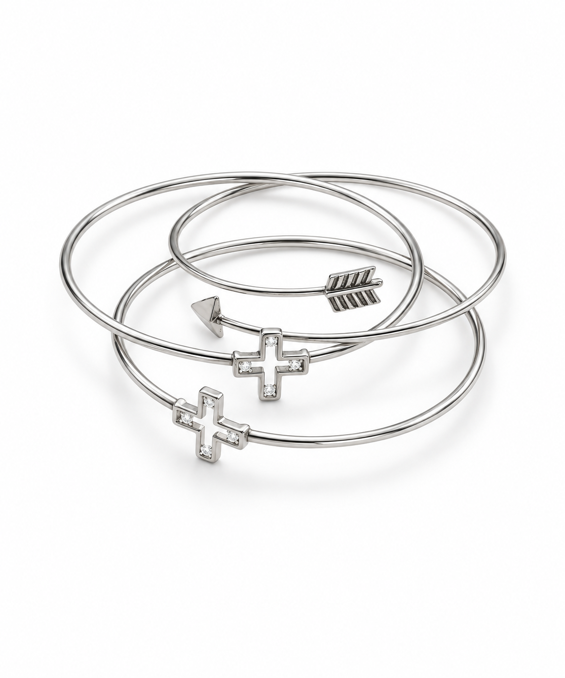 Sterling Silver Cross & Arrow Bracelet Trio, Three-Piece Sterling Silver Bangle Set, Sterling Silver Cross and Arrow Stackable Bracelets