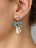 Cream Quartz & Blue Crystal Earrings, Sky Blue Crystal Cluster Drops, Faceted Cream Quartz Earrings
