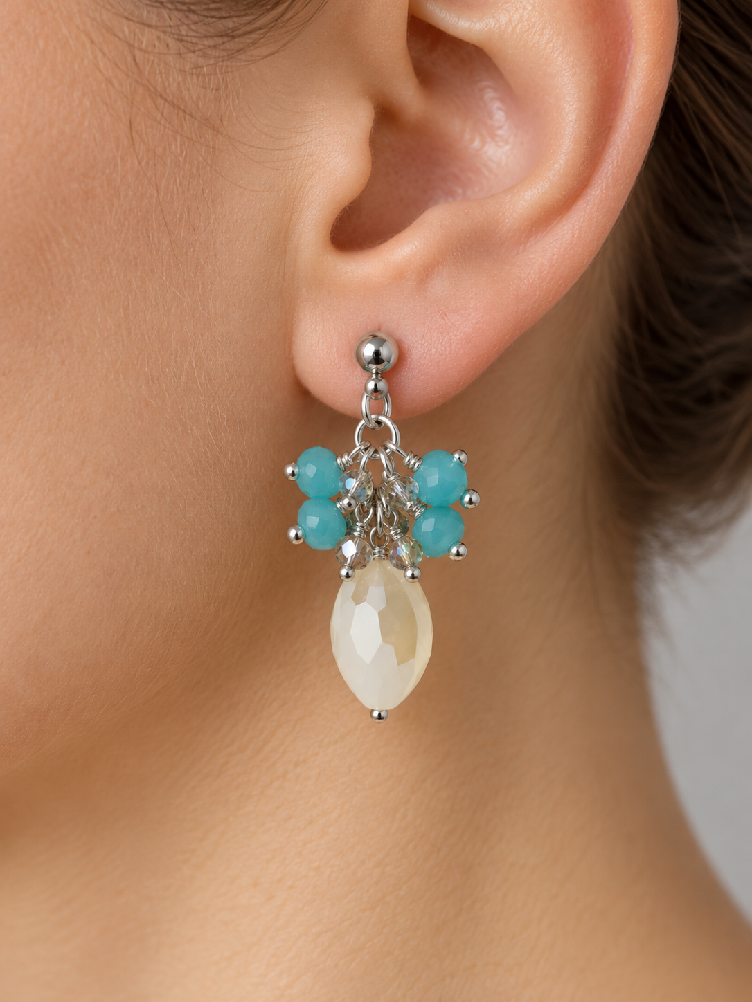 Cream Quartz & Blue Crystal Earrings, Sky Blue Crystal Cluster Drops, Faceted Cream Quartz Earrings