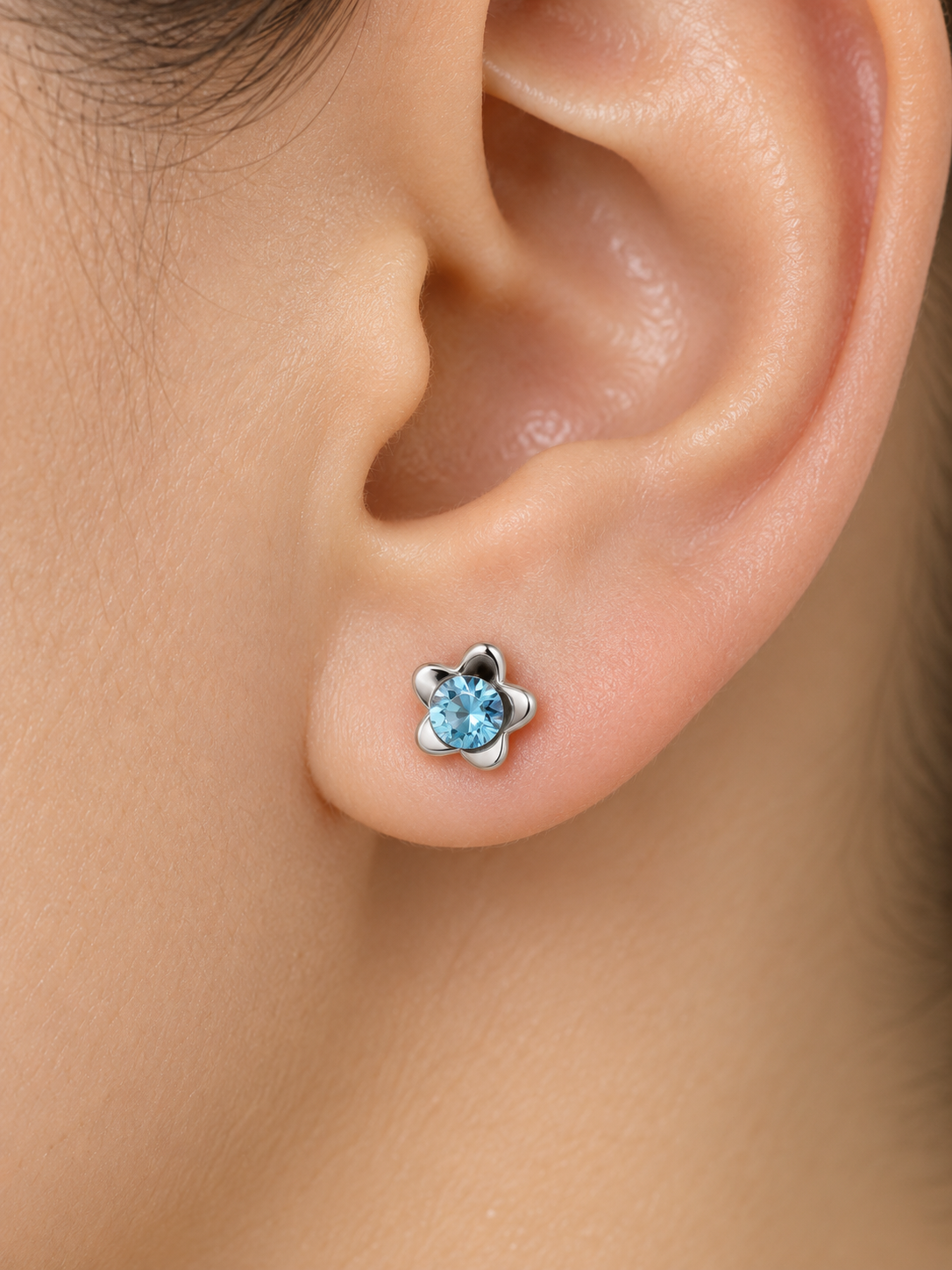 Sterling Silver Blue Crystal Flower Studs, Sky Blue Crystal Flower Earrings, Sterling Silver Floral Studs