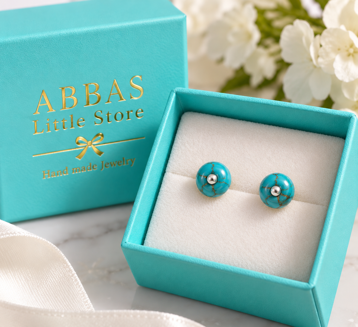 Natural Turquoise Stud Earrings, Elegant Round Turquoise Stud Earrings,  Genuine Turquoise Stud Earrings